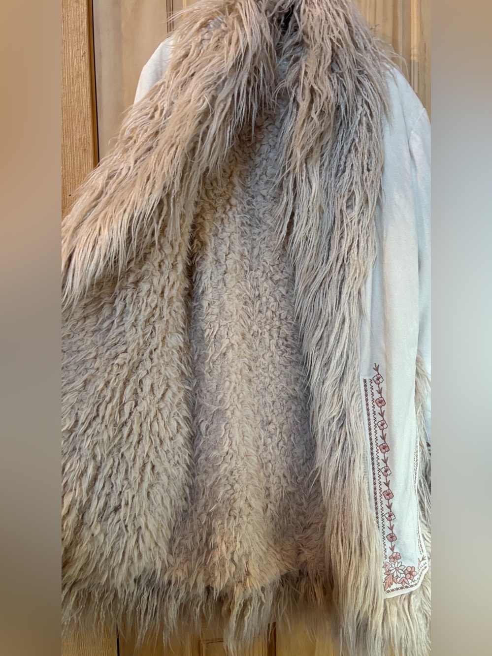 Spell & The Gypsy ‘Joplin’ Embroidered Penny Lane Faux Fur Trim Coat Sand Sable - Picture 6 of 10